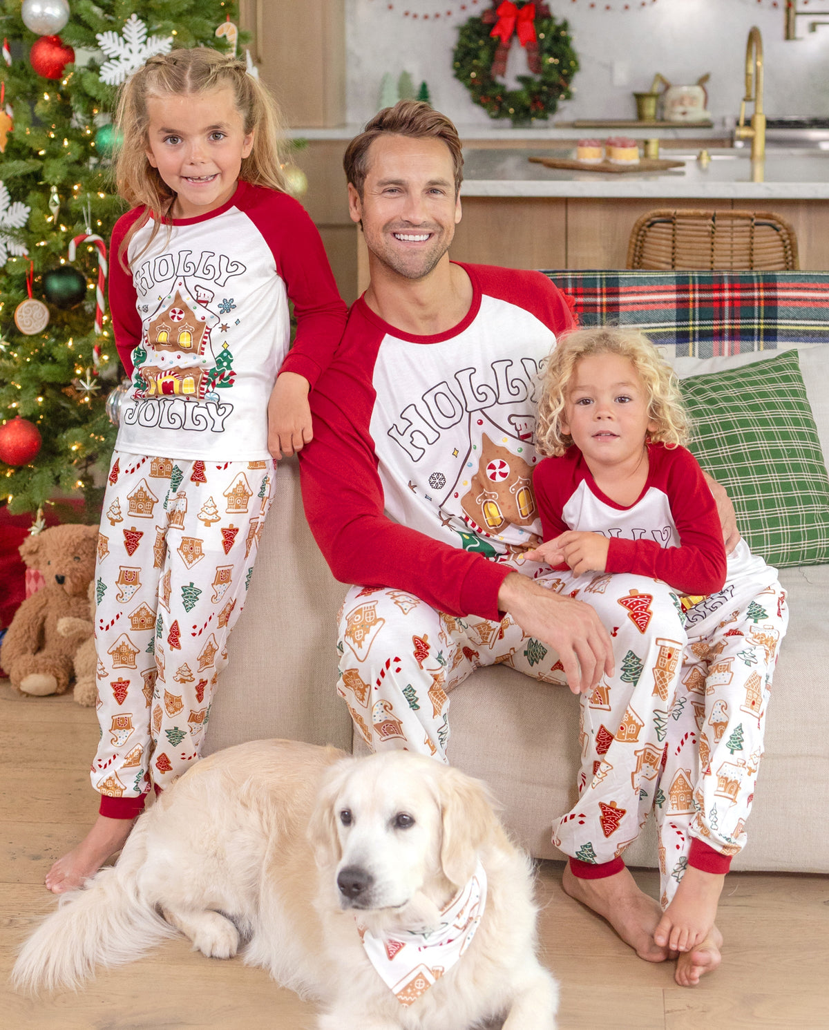PatPat Matching Family Christmas Pajamas Gingerbread House & Christmas Tree Print Red