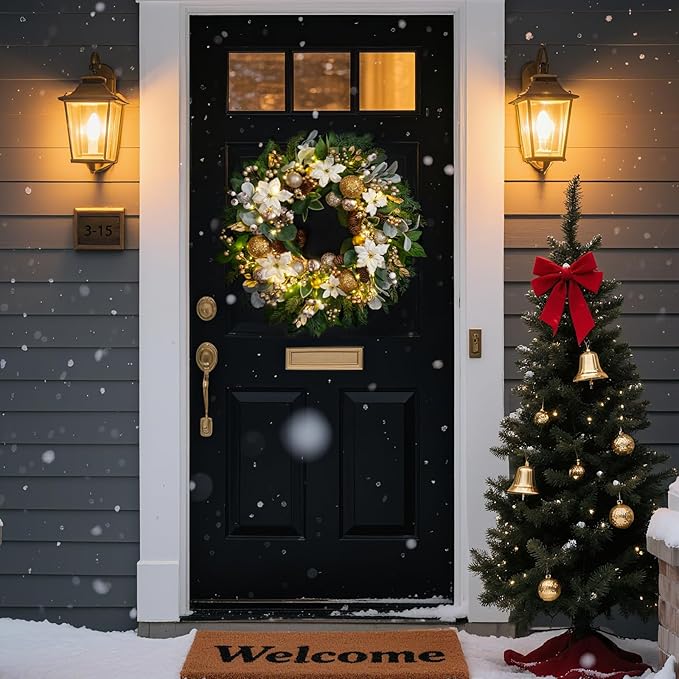 Christmas Wreaths for Front Door with Lights 24 Inch Prelit Christmas Wreath, Christmas Door Wreath with White Flowers, Gold Ornaments, Pine Cones, Greenery & Berries Indoor Outdoor