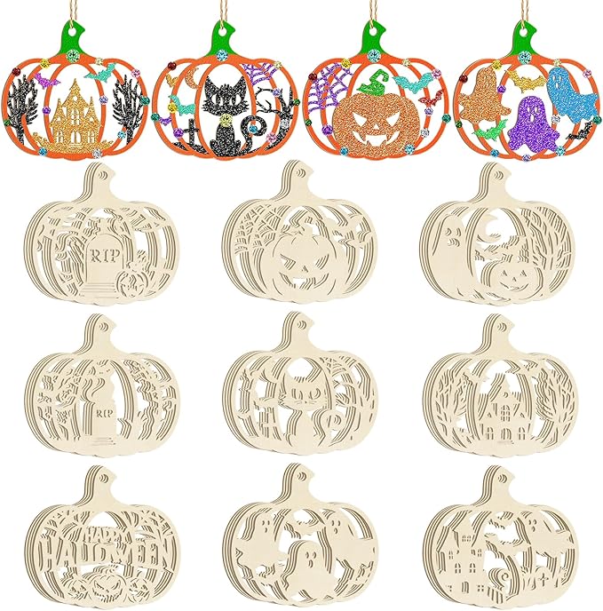 36PCS Wooden Pumpkins Ornaments to Paint Halloween Thanksgiving Decoration Cutouts Unfinished 3.5 inches, DIY Blank Unfinished Pumpkin Ornament for Home Harvest Crafts Hanging Autumn Decor（6Style）
