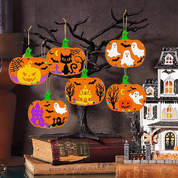 36PCS Wooden Pumpkins Ornaments to Paint Halloween Thanksgiving Decoration Cutouts Unfinished 3.5 inches, DIY Blank Unfinished Pumpkin Ornament for Home Harvest Crafts Hanging Autumn Decor（6Style）