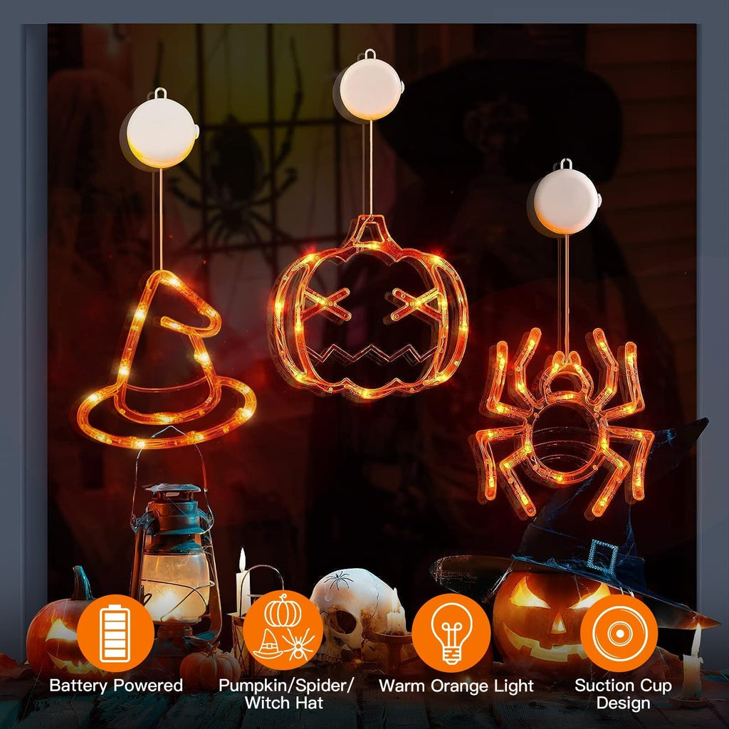 3 Pack Halloween Window Light Spider Witch Hat Pumpkin with Orange Light Hanging Halloween Decoration Light with Suction Cup Hanging Holes