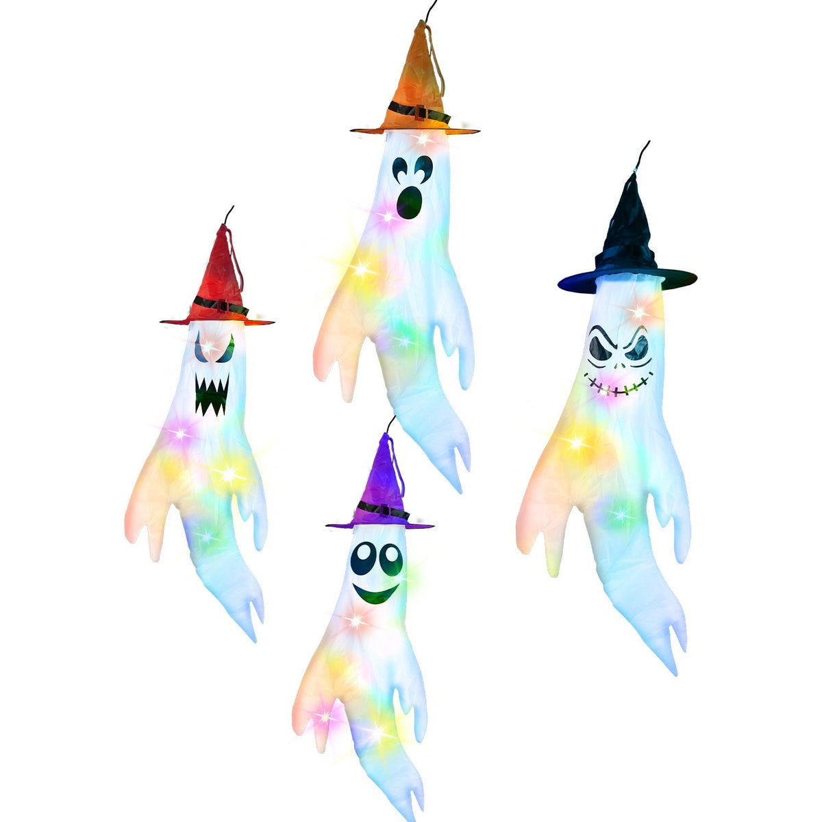 4Pcs Halloween Ghosts With Witch Hats Windsocks Hanging Decoration With Colorful LED Light Outdoor Flag Wind Socks Halloween Party Decoration For Yard